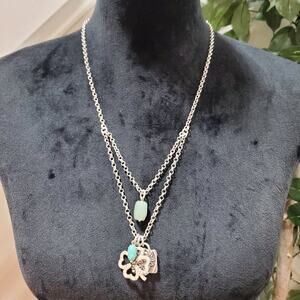 Lucky Brand Antique Silver Tone Green Stone Four Leaf Clover Cluster Necklace